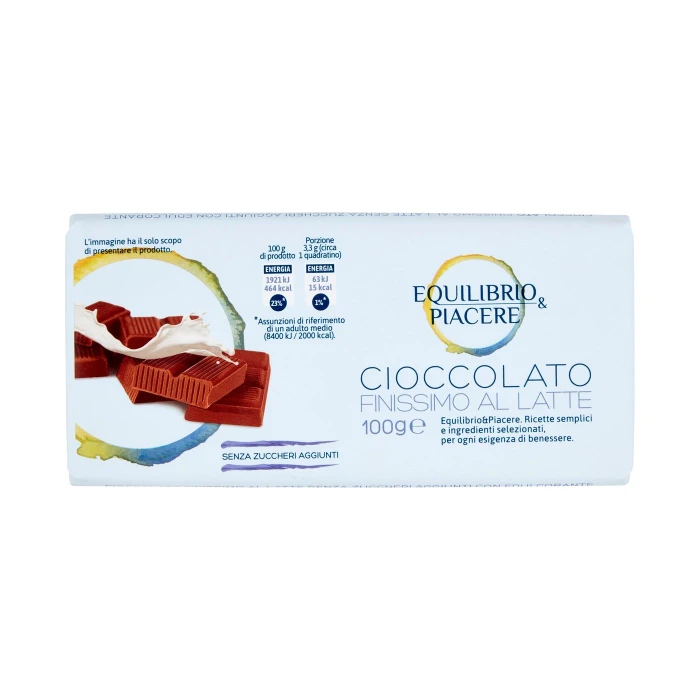 Equilibrio & Piacere Cioccolato Finissimo al Latte Senza Zuccheri Aggiunti 100 g