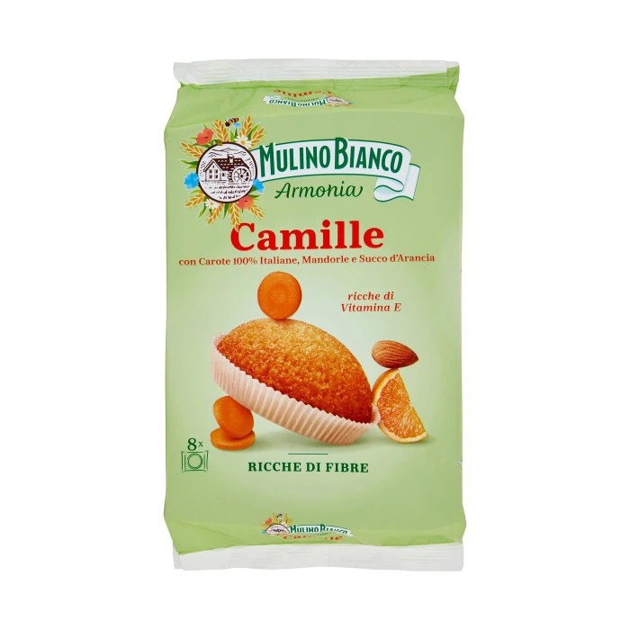 Mulino Bianco Armonia Camille Merenda Ricca di Fibre Carote Mandorle Succo d'Arancia 8 tortine 304g