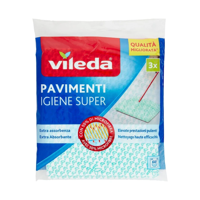 Vileda Igiene Super - panni per pulire tutti i tipi di pavimento, con 50% in microfibra, 3x 45x50 cm