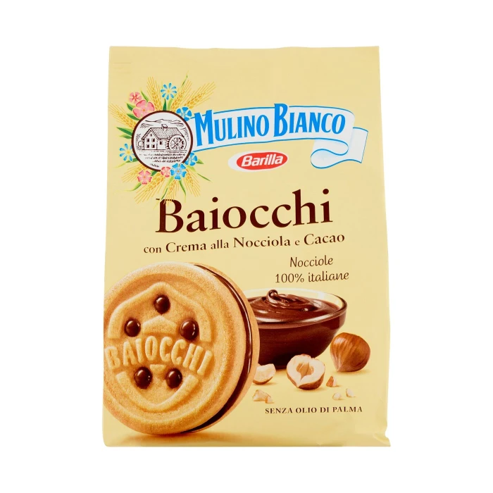 Mulino Bianco Baiocchi Biscotti Snack Farciti con Crema alla Nocciola e Cacao 260g