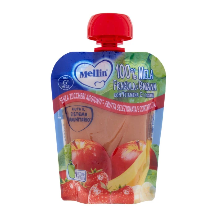 MELLIN Merenda di Frutta 100% Mela, Fragola e Banana Pouch 90 g
