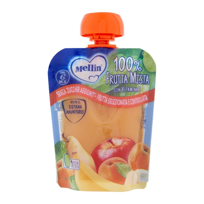 MELLIN Merenda di Frutta 100% Frutta Mista con Mela, Pera, Banana, Albicocca Pouch 90 g