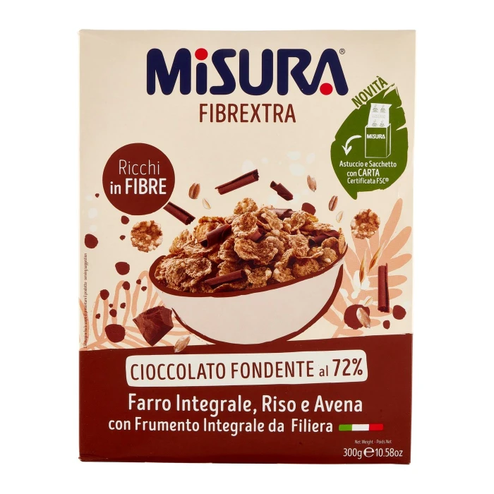 Misura Fibrextra Cioccolato Fondente al 72%, Farro Integrale, Riso e Avena 300 g