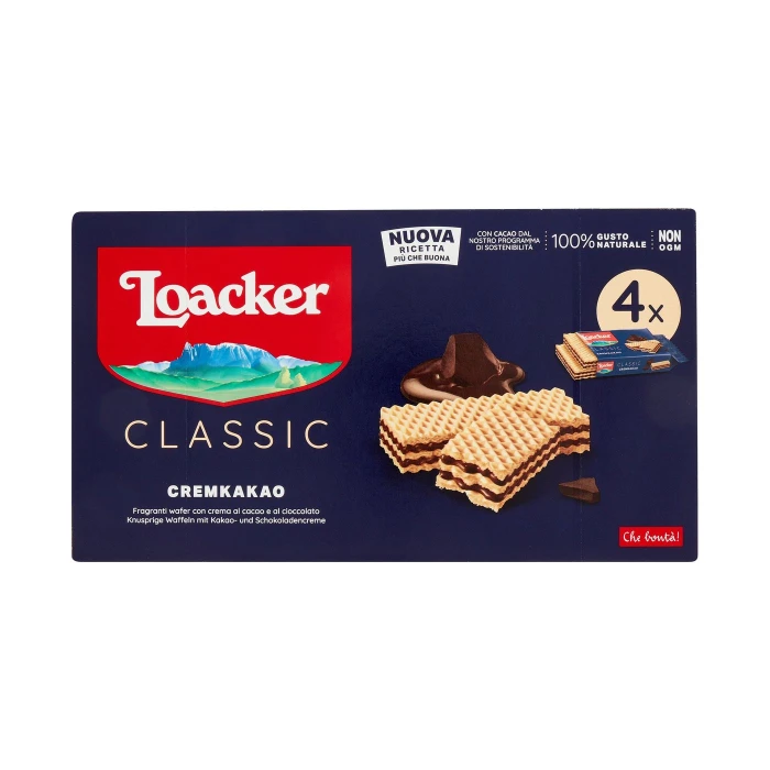 Loacker Wafer Classic Cremkakao Wafers con crema di cioccolato e cacao nobile dell'Ecuador 4 x 45 g