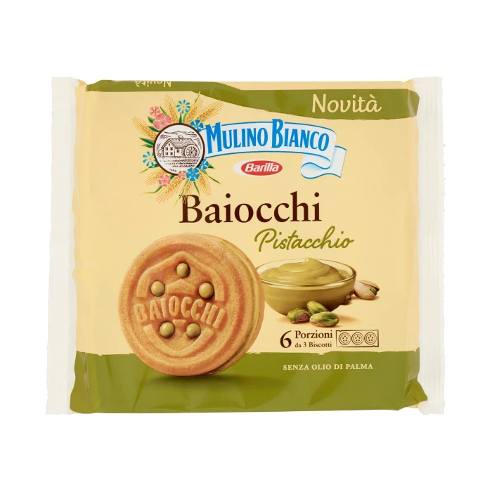 Mulino Bianco Baiocchi Biscotti Snack Farciti con Crema al Pistacchio 168g