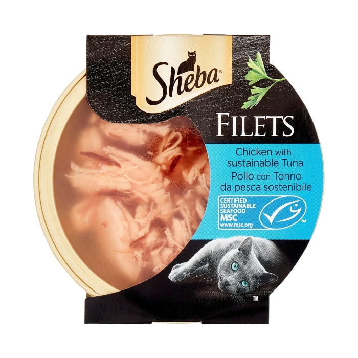 Sheba Filets Cibo Umido Gatto Pollo con Tonno da pesca sostenibile 60 g