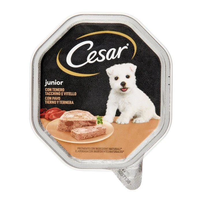 Cesar Junior Cibo Umido Cane in Vaschetta con Tenero Tacchino e Vitello 150 g