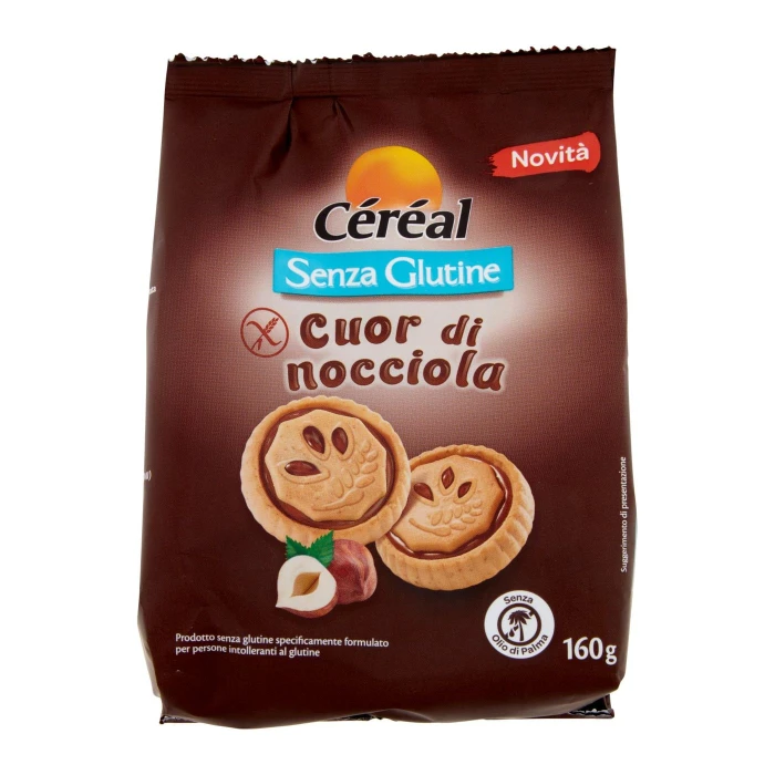 Céréal Cuor di Nocciola, Biscotti ripieni alla nocciola e cacao, Senza Glutine, Senza Lievito - 160g