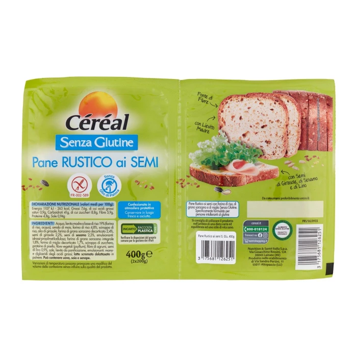 Céréal Senza Glutine Pane Rustico ai semi, Pan Bauletto senza Olio di Palma - 2 per 200g