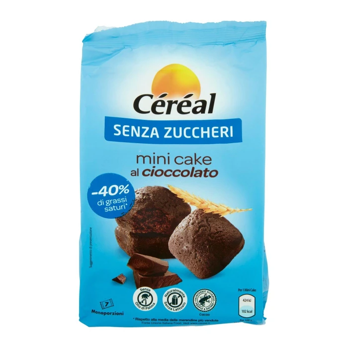 Céréal, Mini Cake gusto Cioccolato, Senza Zuccheri, Senza Lattosio, Senza Olio di Palma - 7x28 g 