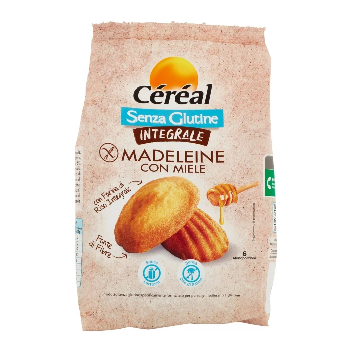 Céréal Senza Glutine Madeleine con Miele, Farina di Riso integrale, 6 Merendine senza lattosio, 170g