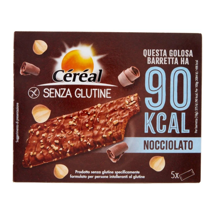 Céréal Barrette Snack Nocciolato Senza Glutine, con cioccolato e nocciole tostate - 5 x 18 g