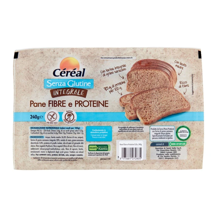 Céréal Pane Fibre e Proteine senza Glutine Integrale, Senza olio di palma e Senza lattosio - 240g